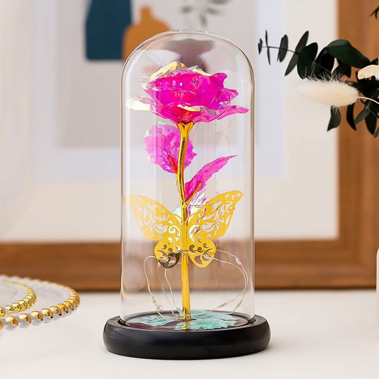 Artificial Galaxy Rose with Light-Up Butterfly in Glass Dome – Couple Gift for Her on Any Occasion