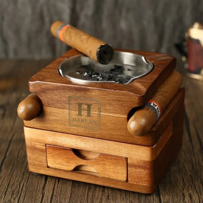 Custom Wooden Whiskey & Cigar Tray Set - Engraved Gift for Groomsmen, Husband, Dad