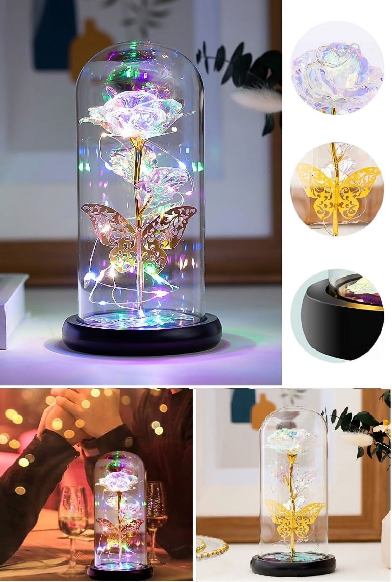 Artificial Galaxy Rose with Light-Up Butterfly in Glass Dome – Couple Gift for Her on Any Occasion