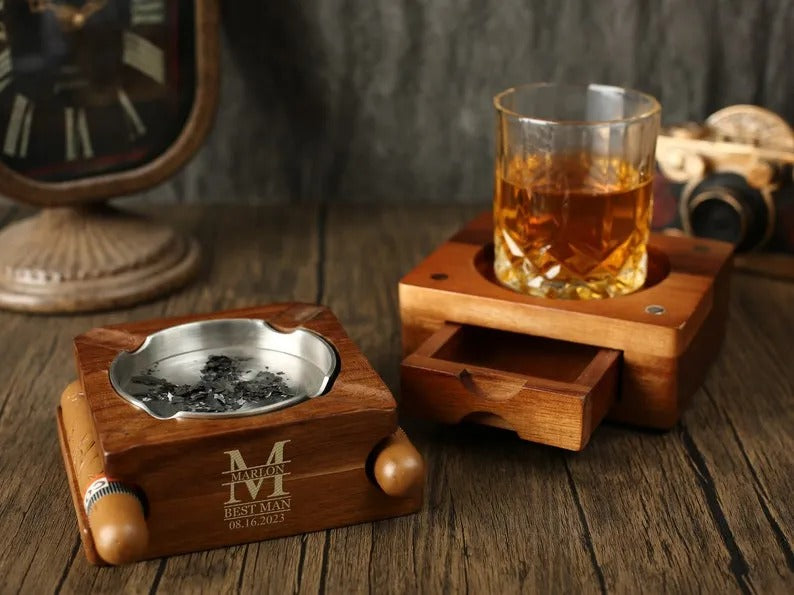 Custom Wooden Whiskey & Cigar Tray Set - Engraved Gift for Groomsmen, Husband, Dad
