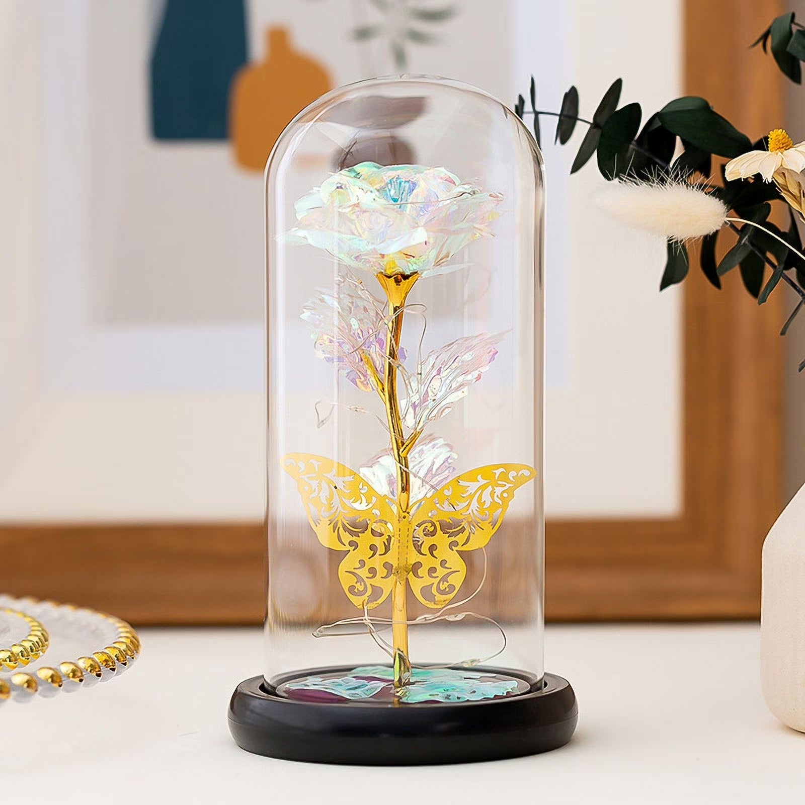 Artificial Galaxy Rose with Light-Up Butterfly in Glass Dome – Couple Gift for Her on Any Occasion