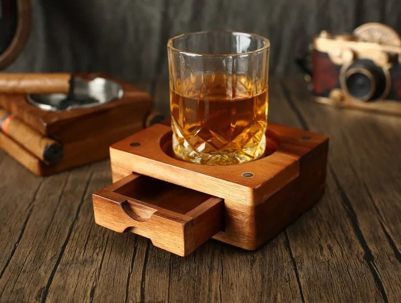 Custom Wooden Whiskey & Cigar Tray Set - Engraved Gift for Groomsmen, Husband, Dad