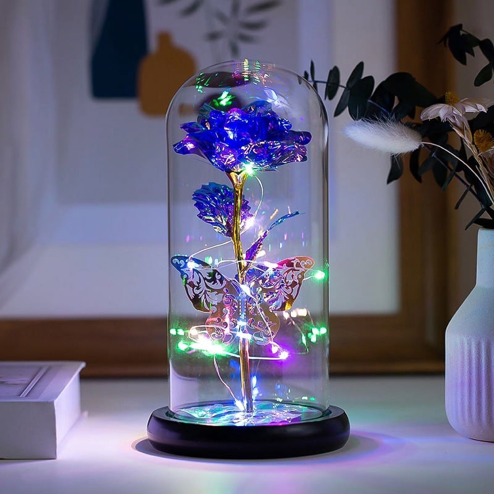 Artificial Galaxy Rose with Light-Up Butterfly in Glass Dome – Couple Gift for Her on Any Occasion