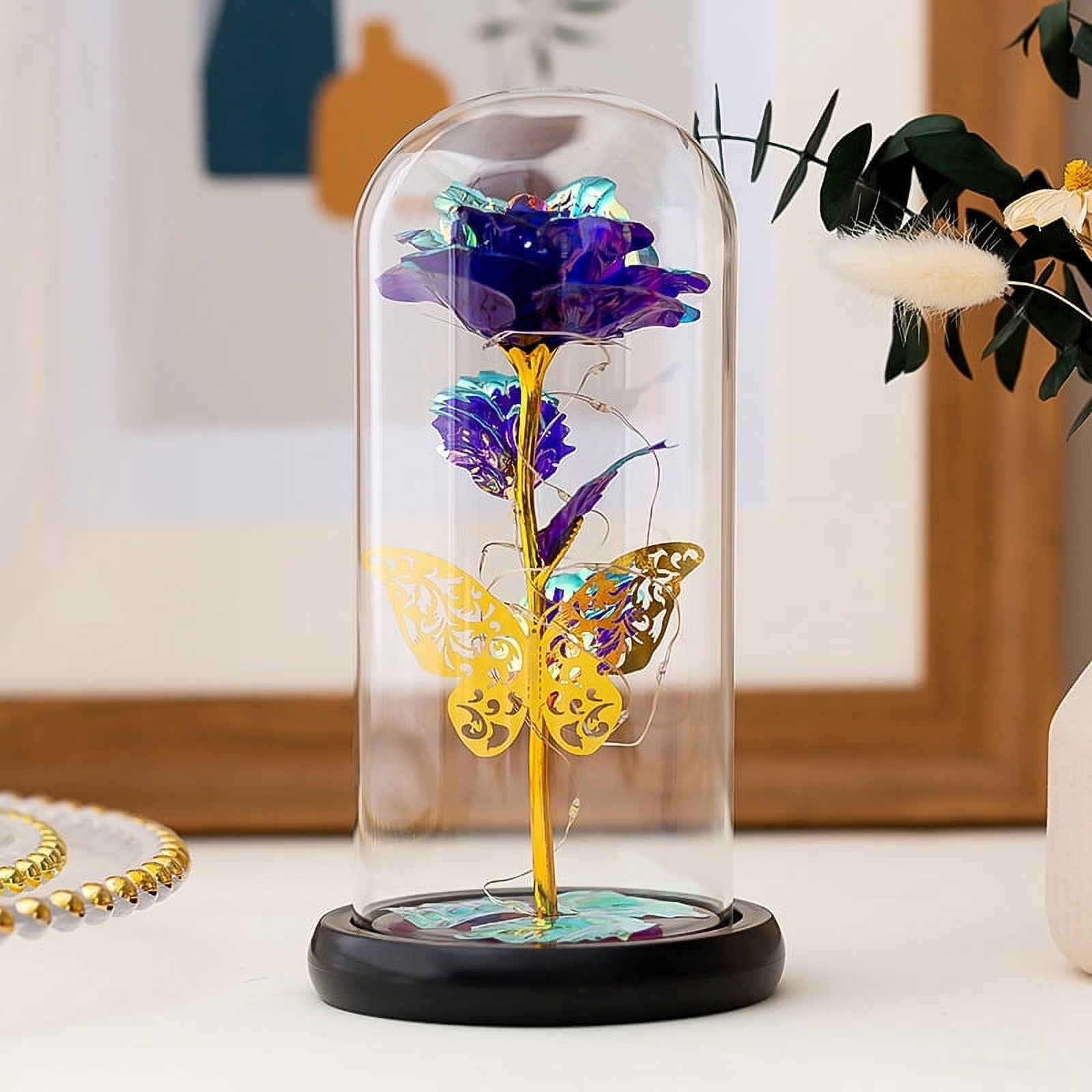 Artificial Galaxy Rose with Light-Up Butterfly in Glass Dome – Couple Gift for Her on Any Occasion