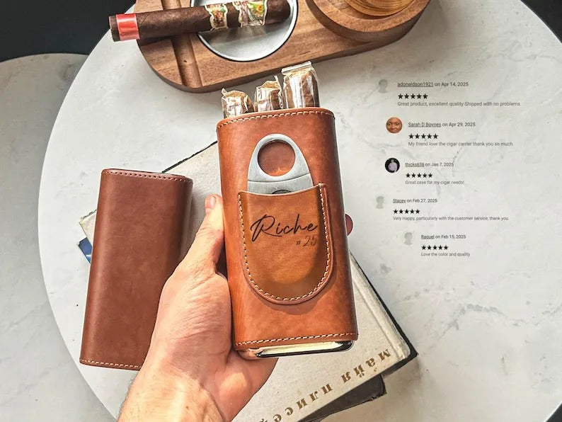 Personalized Cigar Case | Engraved Leather Travel Humidor Case, Gift Set for Cigar Lover, Dad, Husband | Father’s Day, Birthday Gifts for Men