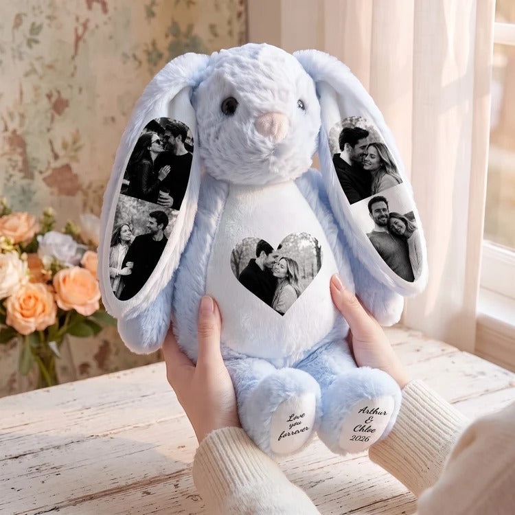 Couple Custom Photo Bunny Plush — Personalized Stuffed Rabbit, Anniversary Valentine Birthday Gift for Her or Him