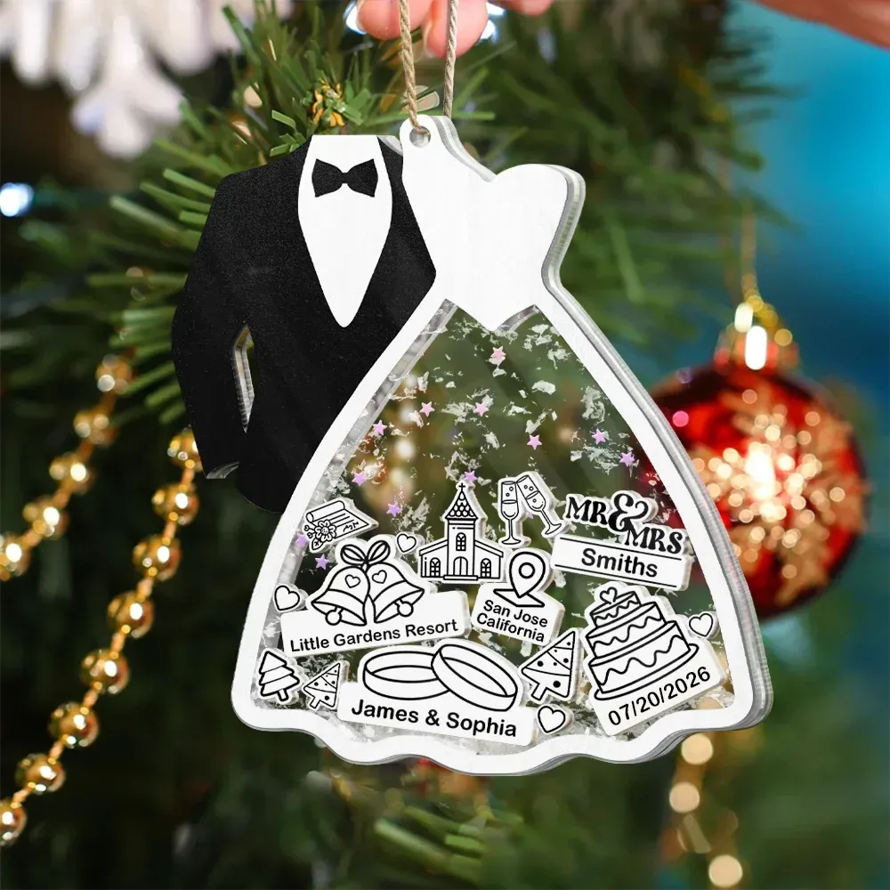 Personalized First Ornament for Couple | Bride & Groom 3-Layer Acrylic Shaker Keepsake with Glitter