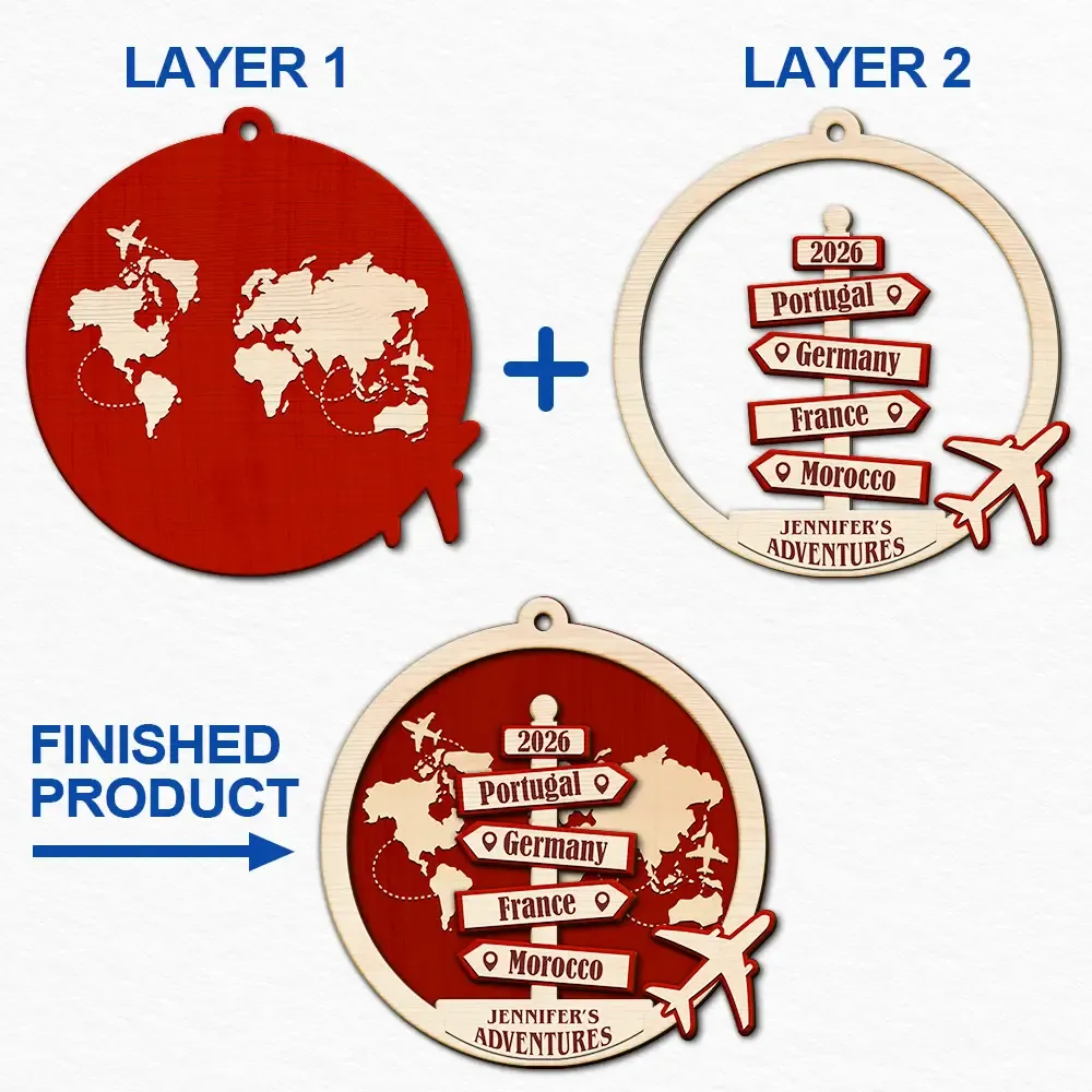 Custom 2-Layered Wooden Ornament – Custom Travel Couple Gift for Him & Her, Engraved with Names & Year, Ideal for Anniversary, Wedding, or Valentine's Day