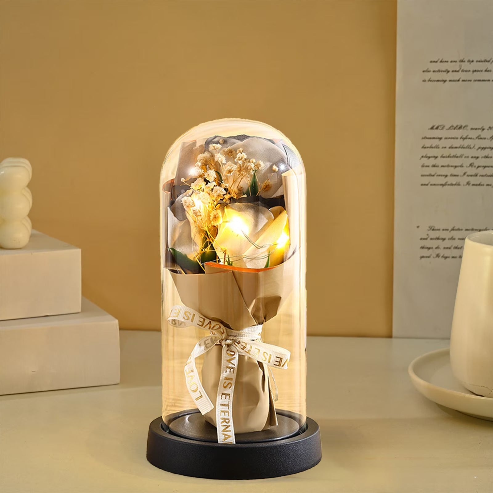 Preserved 7 Flower Rose Glass Dome with USB LED – Bouquet Gift for Couples