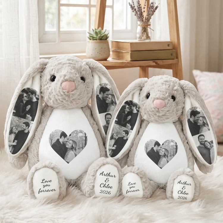 Couple Custom Photo Bunny Plush — Personalized Stuffed Rabbit, Anniversary Valentine Birthday Gift for Her or Him