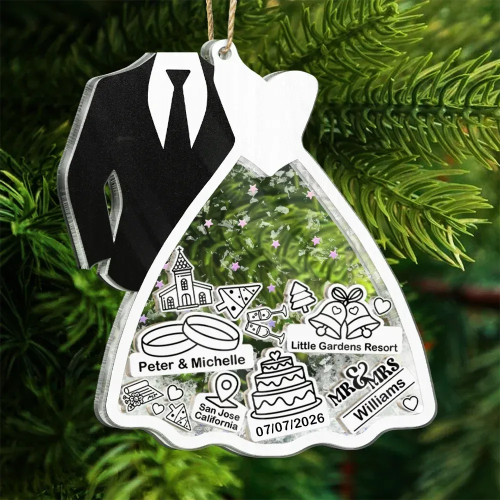 Personalized First Ornament for Couple | Bride & Groom 3-Layer Acrylic Shaker Keepsake with Glitter