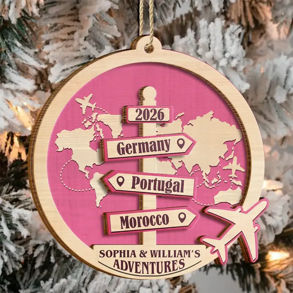 Custom 2-Layered Wooden Ornament – Custom Travel Couple Gift for Him & Her, Engraved with Names & Year, Ideal for Anniversary, Wedding, or Valentine's Day