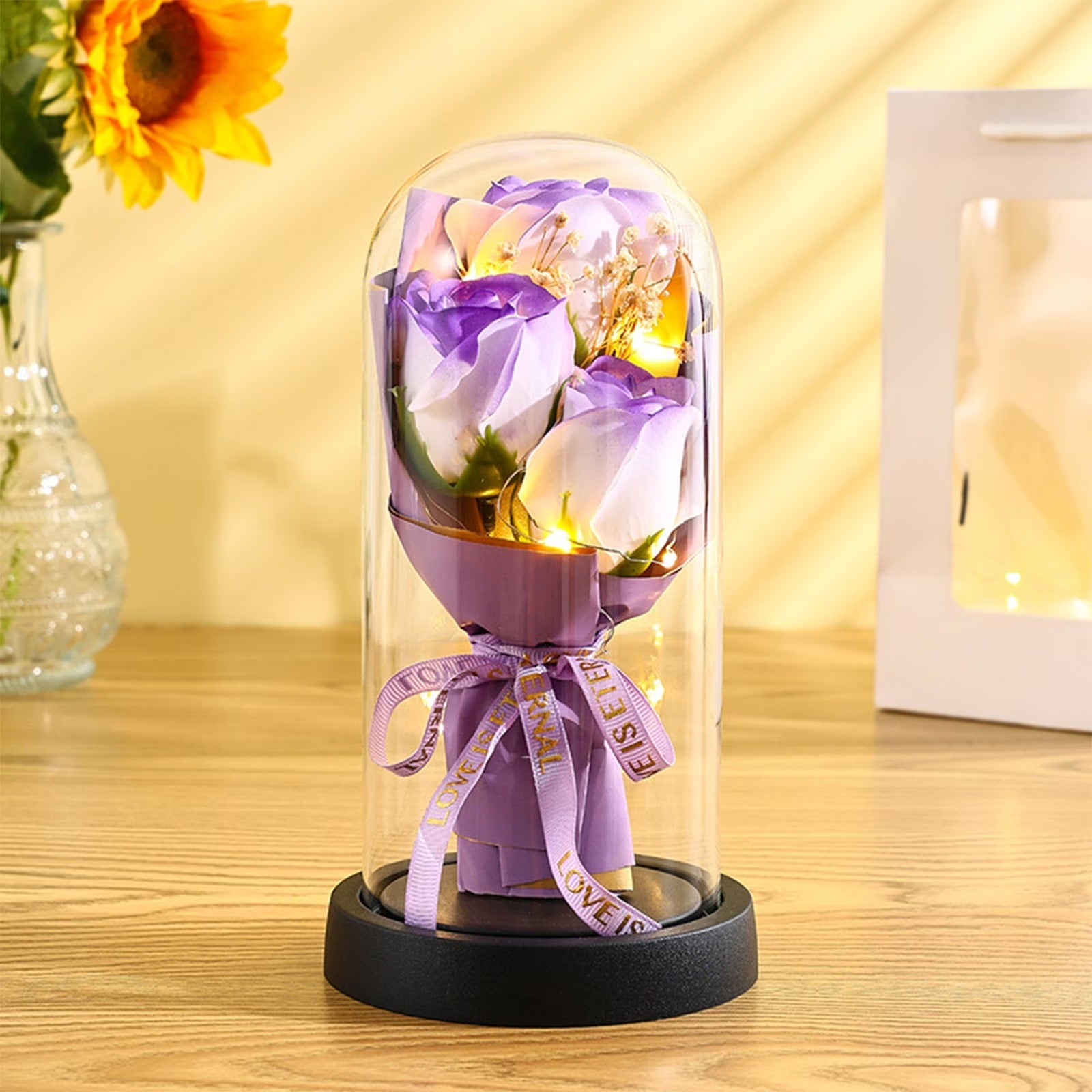 Preserved 7 Flower Rose Glass Dome with USB LED – Bouquet Gift for Couples