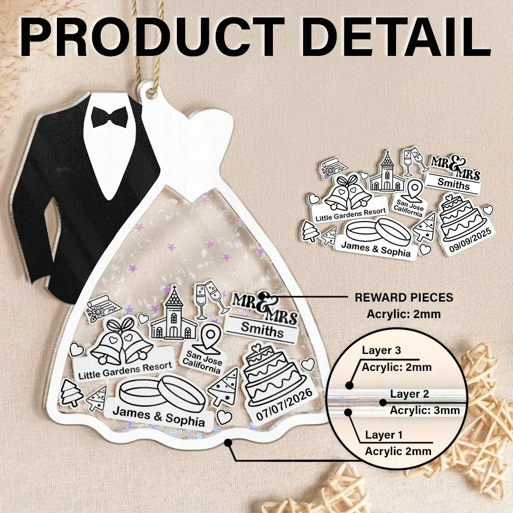 Personalized First Ornament for Couple | Bride & Groom 3-Layer Acrylic Shaker Keepsake with Glitter