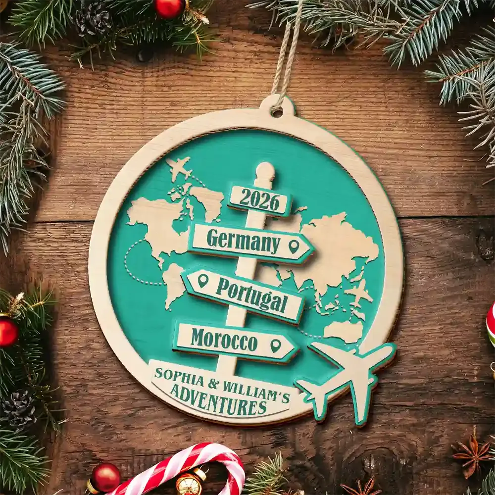Custom 2-Layered Wooden Ornament – Custom Travel Couple Gift for Him & Her, Engraved with Names & Year, Ideal for Anniversary, Wedding, or Valentine's Day
