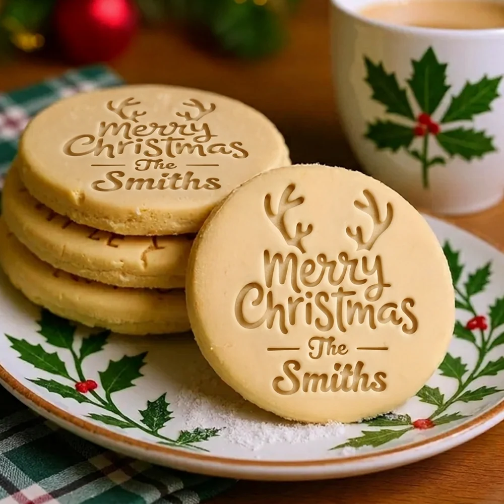 Custom Family Name Merry Christmas Cookie Stamp — Choose Reindeer Antlers or Santa Hat Design
