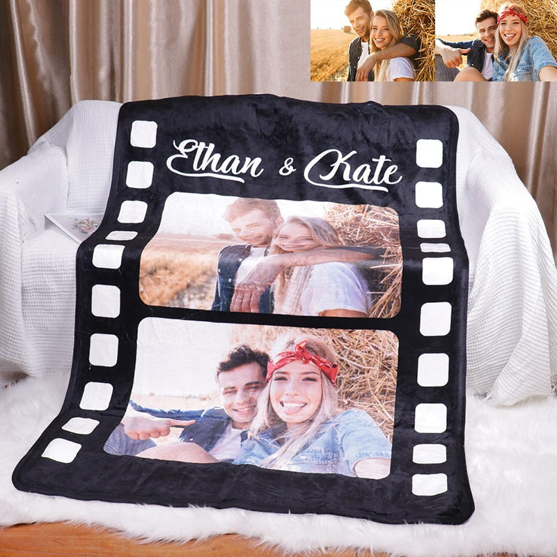 Custom Film Photo Blanket – Upload Two Photos & Names, Perfect Anniversary Gift for Couples
