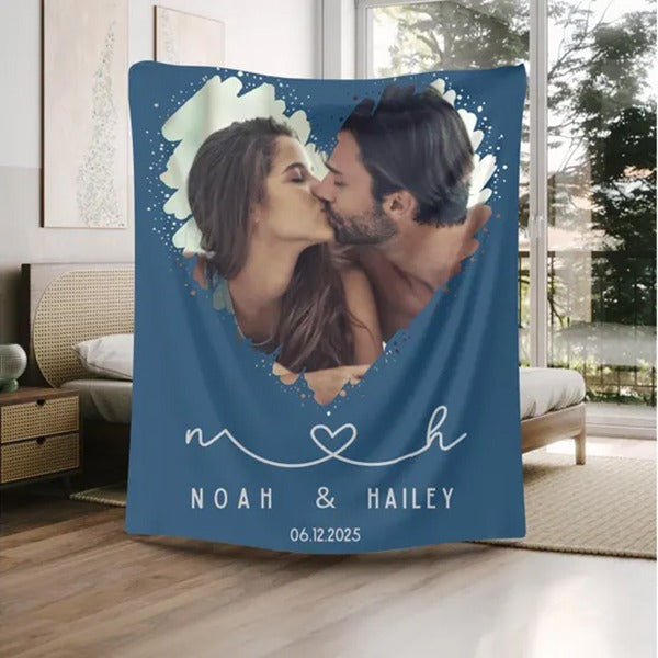 Custom Photo Blanket with Heart Frame – Personalize gift Valentine’s Day Gift for Couples