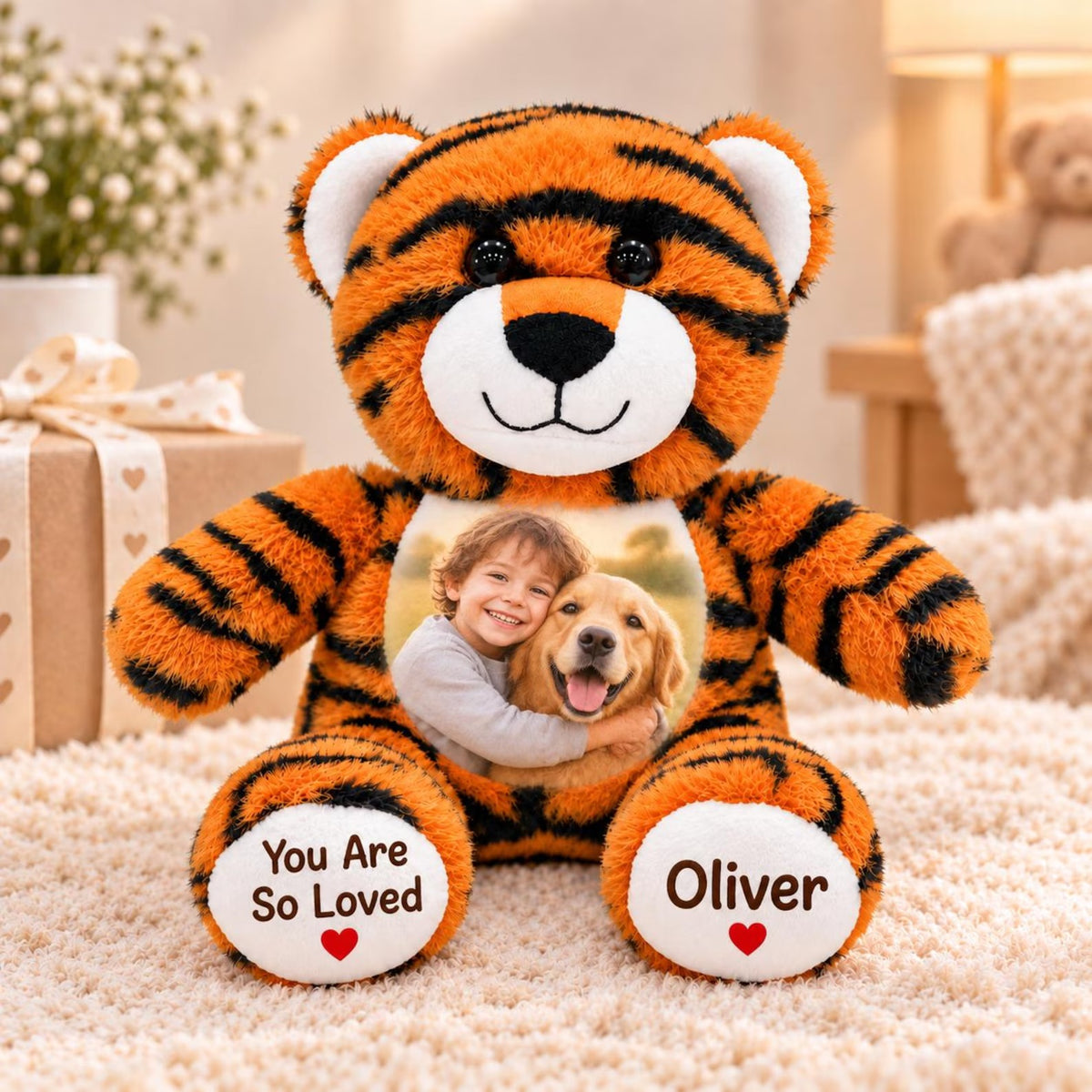 Custom Photo Tiger Plush Stuffed Animal — Personalized Name Toy, Birthday Keepsake, Christmas Gift for Child & Kids Gift