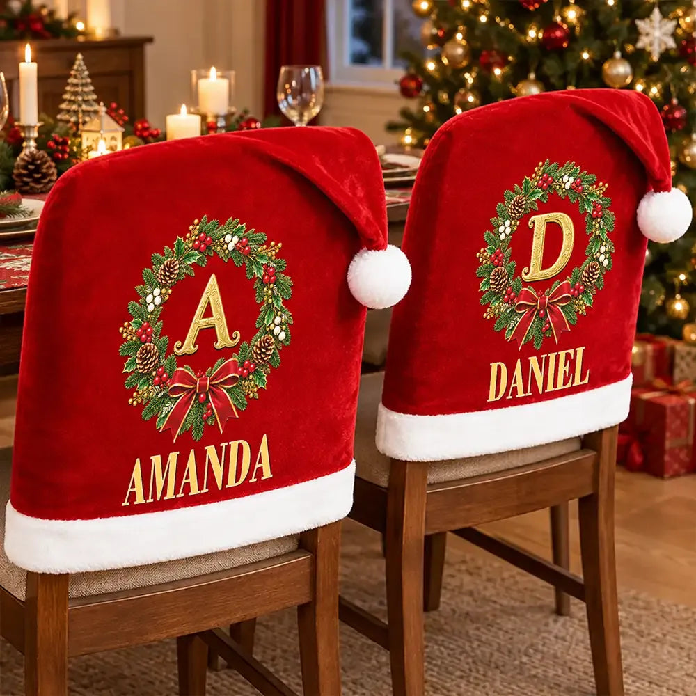 Personalized Christmas Hat Chair Cover — Gold Initial Holly Wreath Holiday Table Decor