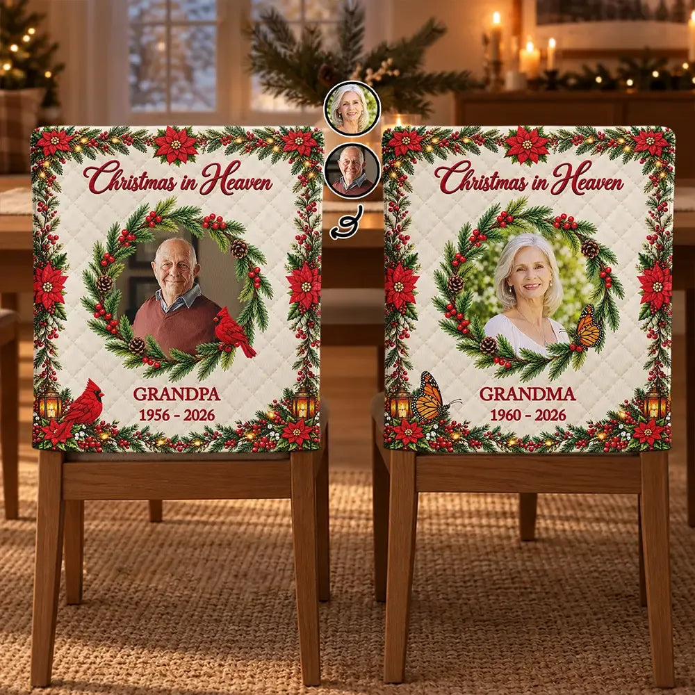 Personalized Christmas In Heaven Chair Back Cover — Custom Photo & Name Memorial Gift