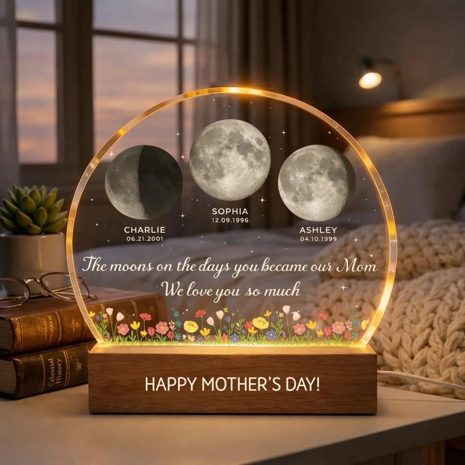 The Days You Became Our Mom, Custom Moon Phase by Date - Custom Heart/Circle Shape Acrylic LED Night Light - Heartfelt Mother's Day Gift for Mom