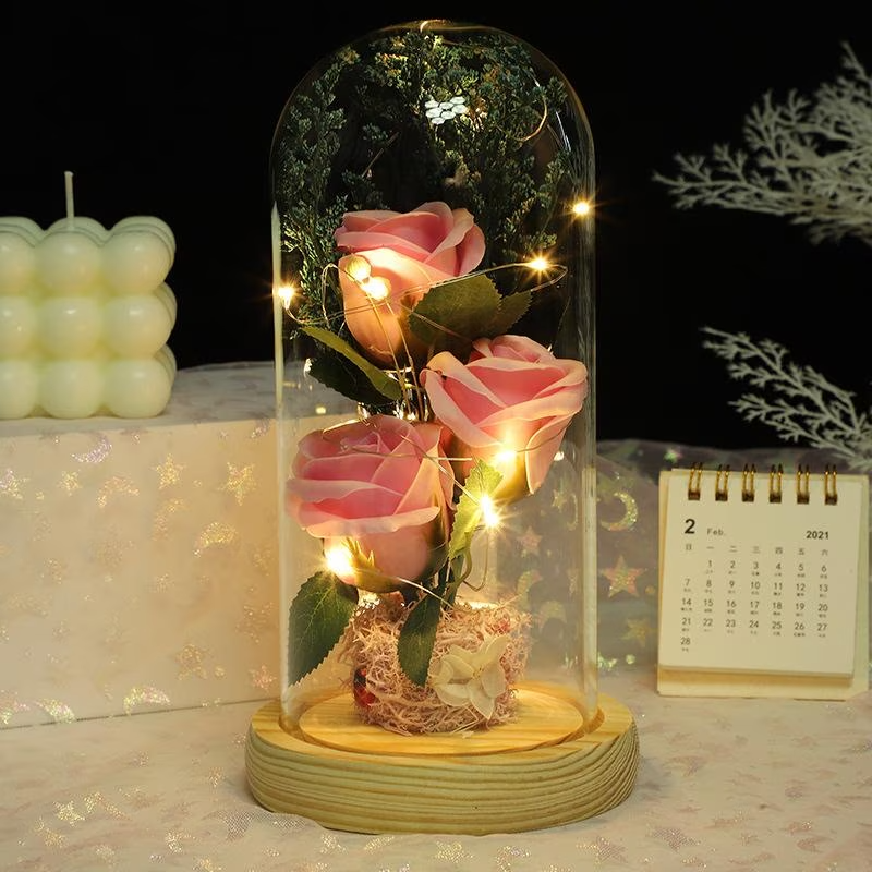 Eternal 3 Roses in Glass Dome with LED Light – Lifelike Artificial Flowers, Romantic Couple Gift for Valentine's Day & Anniversary