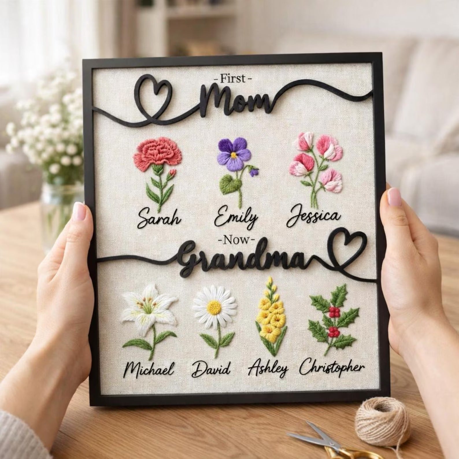 Custom Wooden Embroidered Flower Sign for Grandma, First Mom Now Grandma Personalized Gift