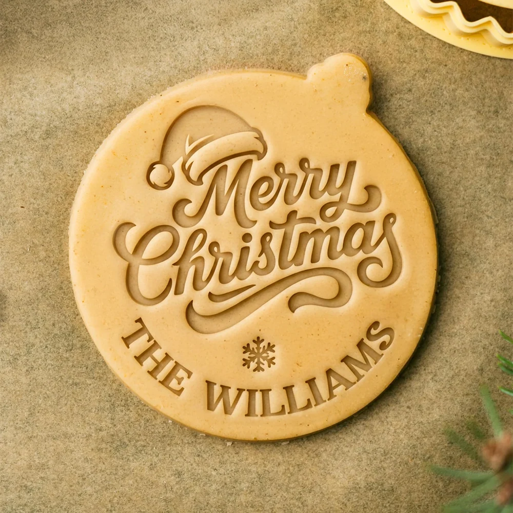 Custom Family Name Merry Christmas Cookie Stamp — Choose Reindeer Antlers or Santa Hat Design