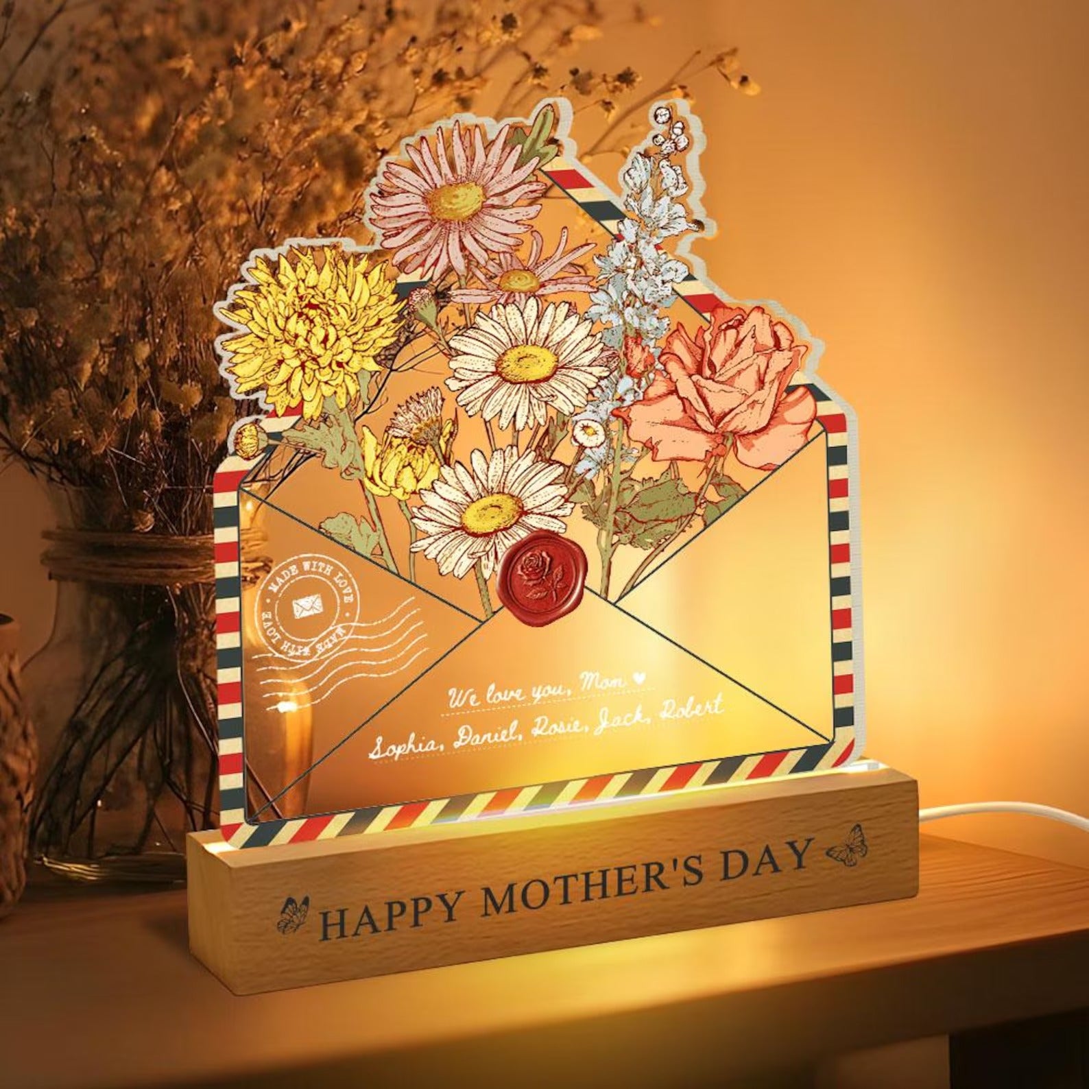 Custom Flower Envelope LED Light Lamp Mother's Day Gift For Mom
