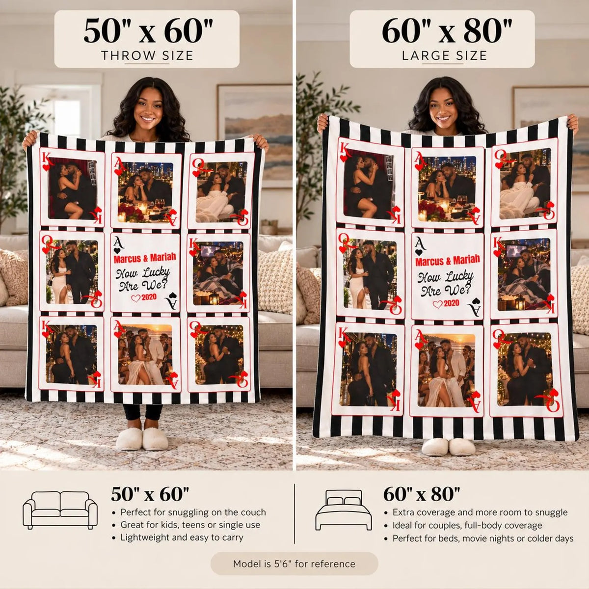 Custom Playing Card Couple Blanket — Multi-Photo Blanket with King Queen Ace Cards, Names & Relationship Year