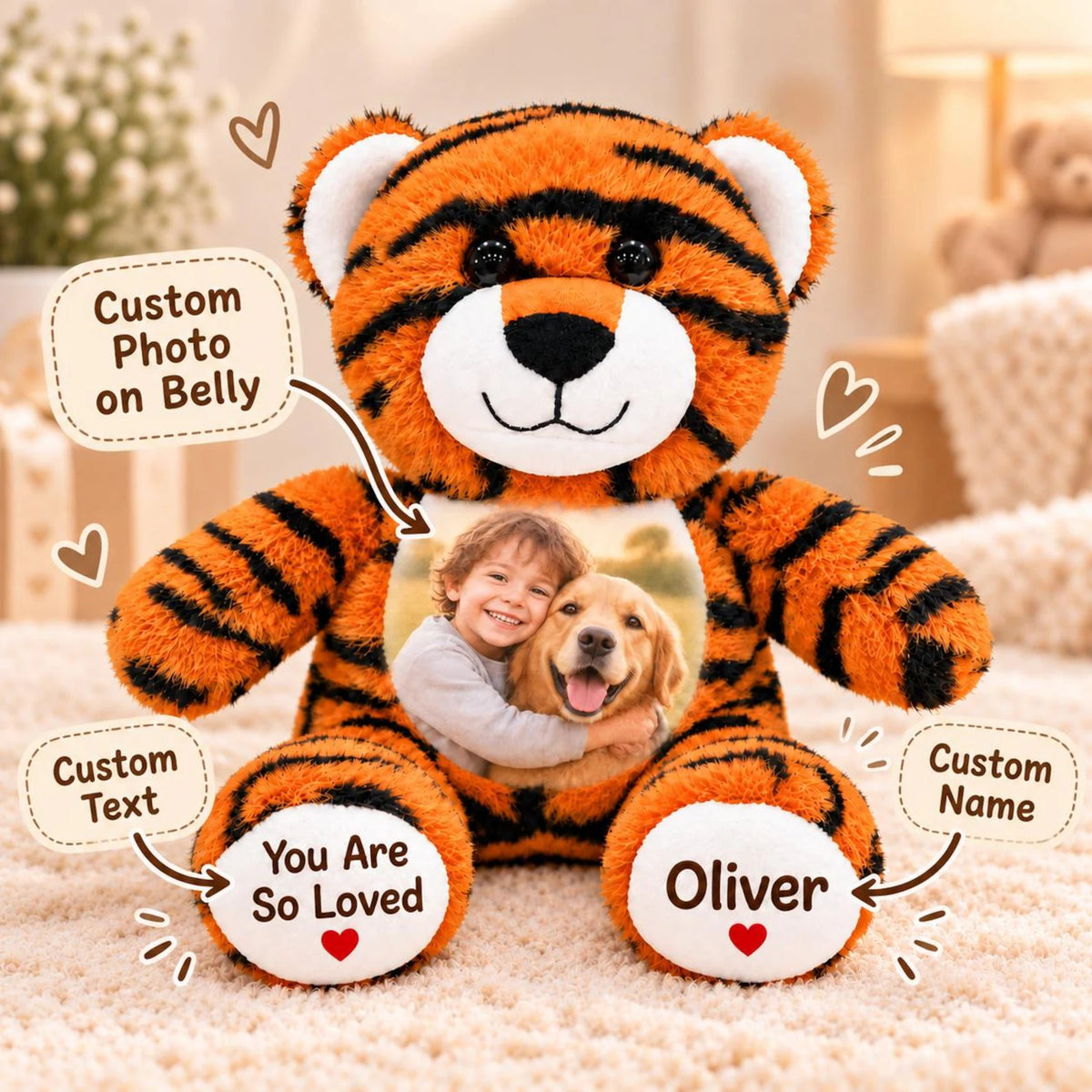 Custom Photo Tiger Plush Stuffed Animal — Personalized Name Toy, Birthday Keepsake, Christmas Gift for Child & Kids Gift