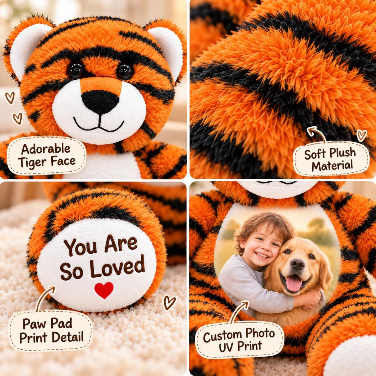 Custom Photo Tiger Plush Stuffed Animal — Personalized Name Toy, Birthday Keepsake, Christmas Gift for Child & Kids Gift