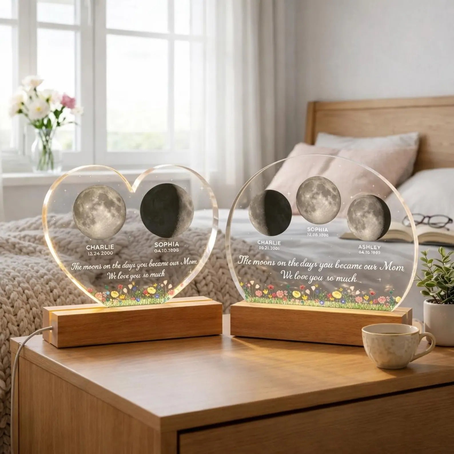 The Days You Became Our Mom, Custom Moon Phase by Date - Custom Heart/Circle Shape Acrylic LED Night Light - Heartfelt Mother's Day Gift for Mom