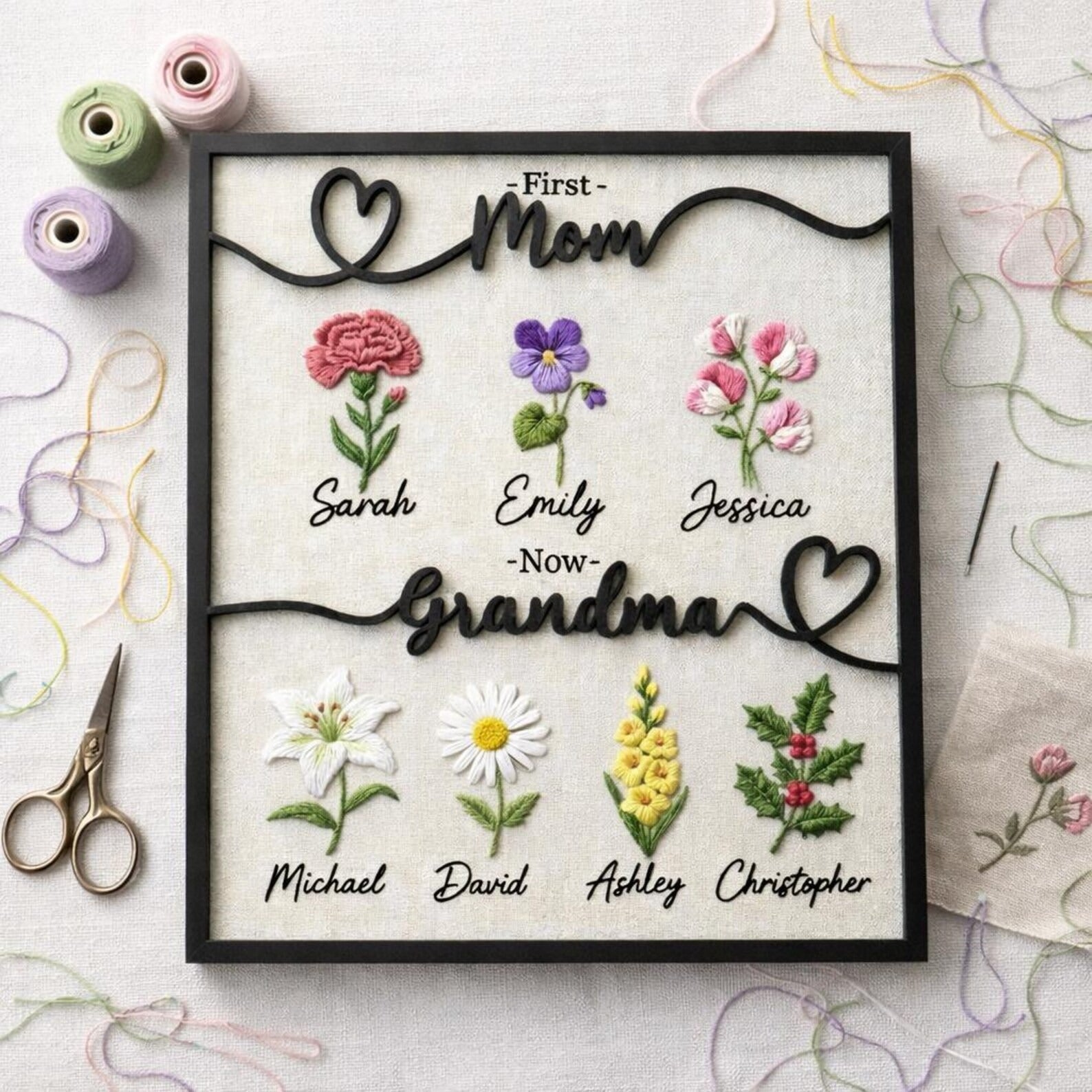 Custom Wooden Embroidered Flower Sign for Grandma, First Mom Now Grandma Personalized Gift