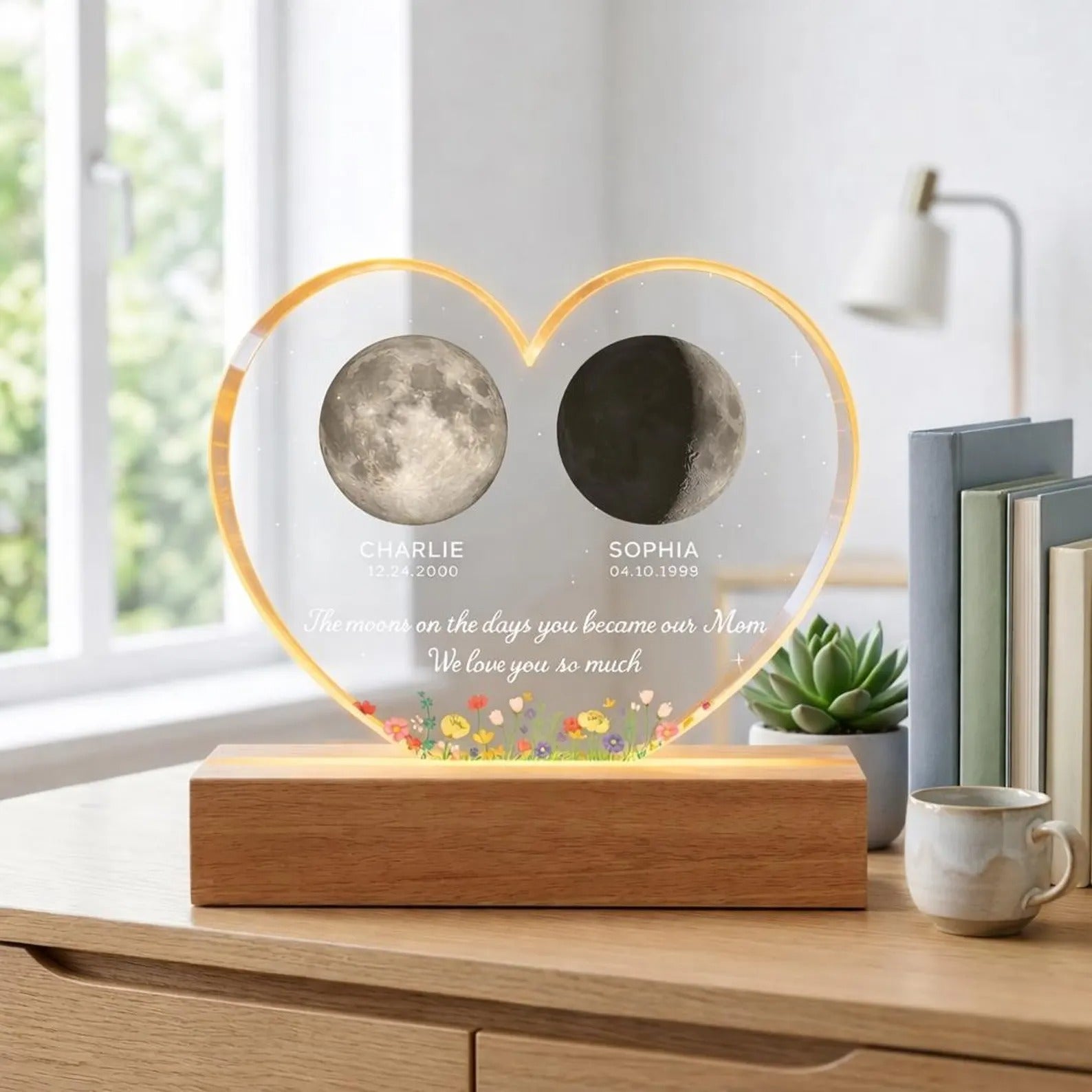The Days You Became Our Mom, Custom Moon Phase by Date - Custom Heart/Circle Shape Acrylic LED Night Light - Heartfelt Mother's Day Gift for Mom