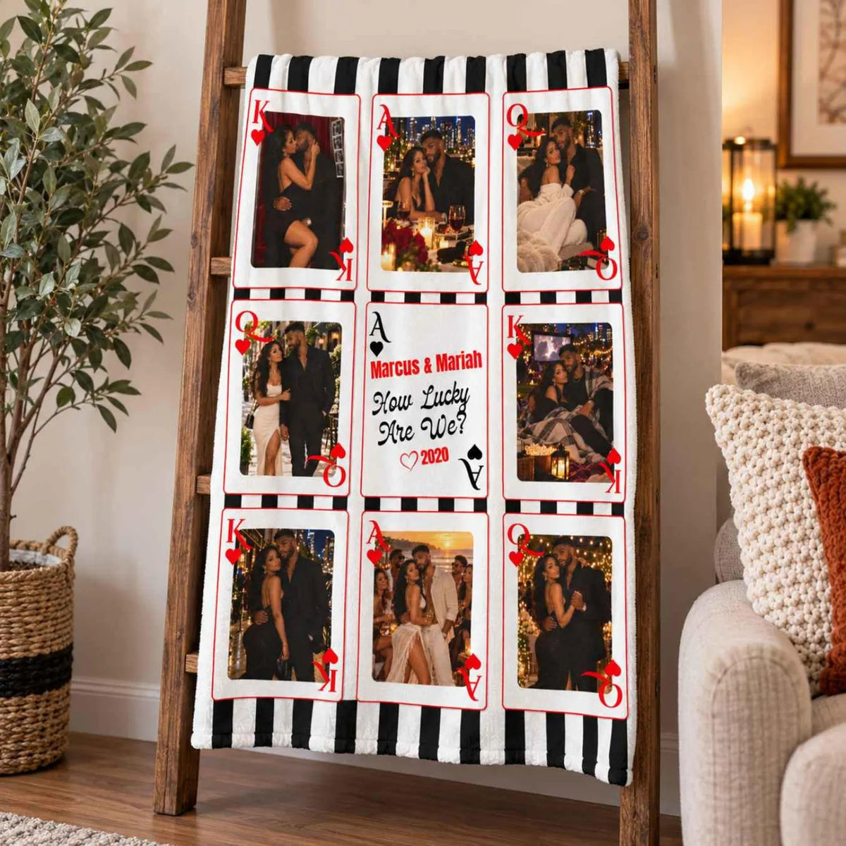 Custom Playing Card Couple Blanket — Multi-Photo Blanket with King Queen Ace Cards, Names & Relationship Year