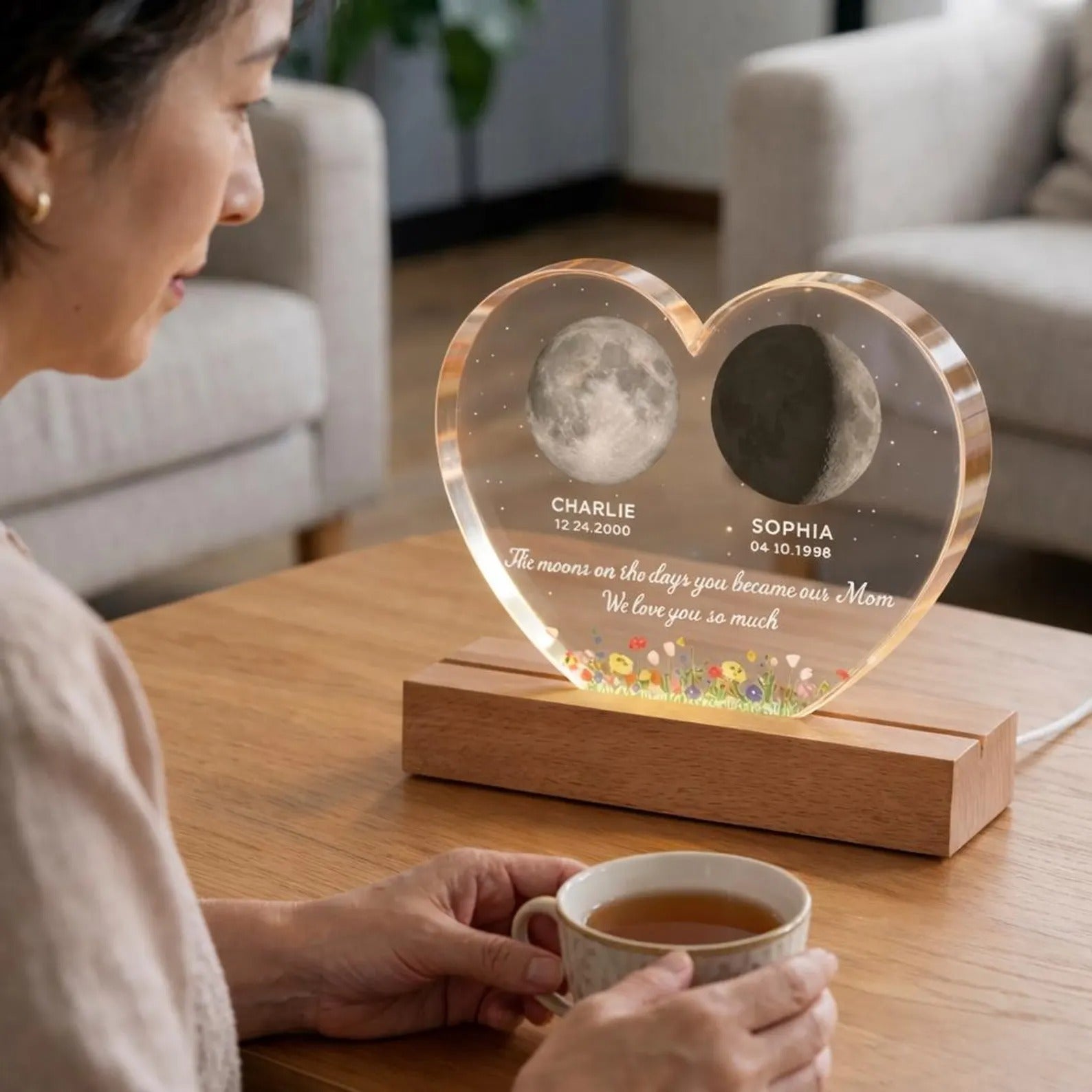 The Days You Became Our Mom, Custom Moon Phase by Date - Custom Heart/Circle Shape Acrylic LED Night Light - Heartfelt Mother's Day Gift for Mom