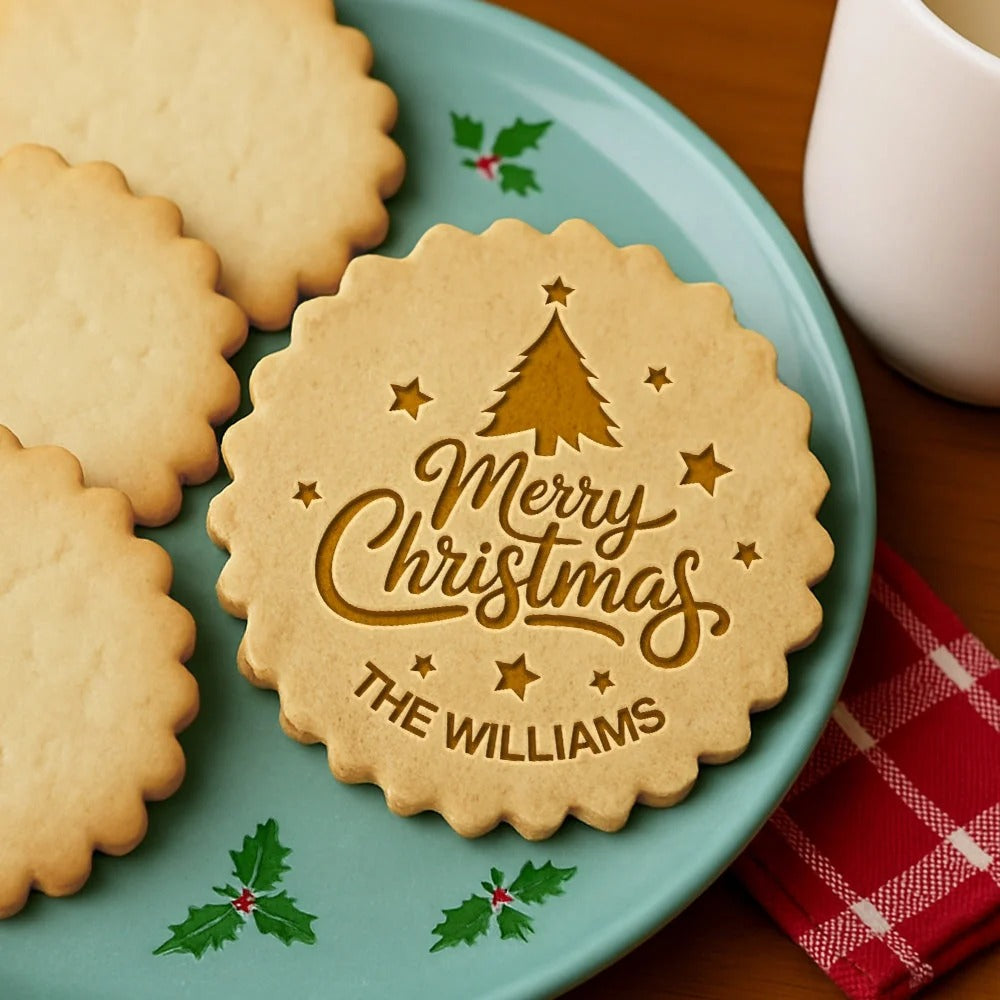 Personalized Merry Christmas Style Cookie Stamp — Custom Family Name Baking Gift