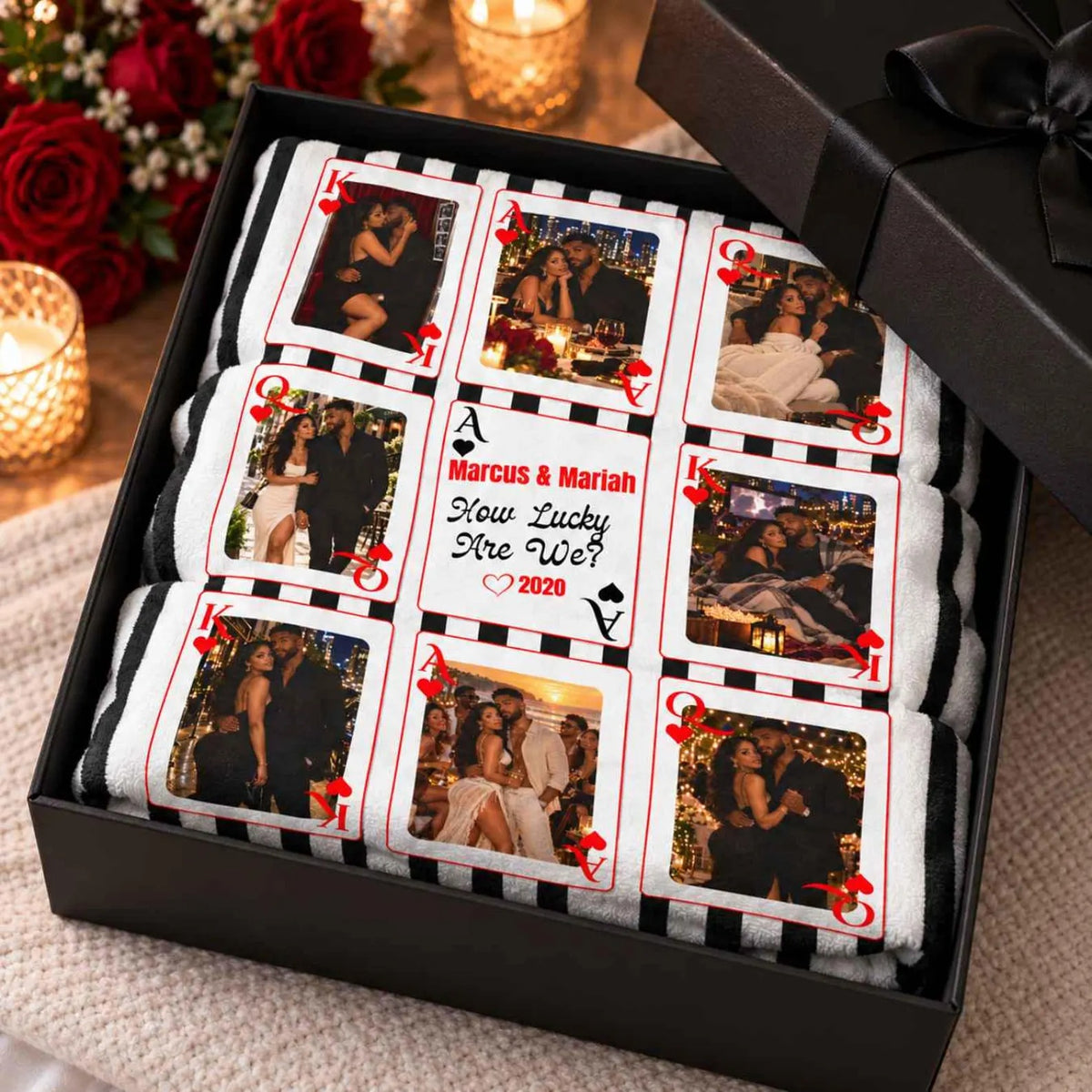 Custom Playing Card Couple Blanket — Multi-Photo Blanket with King Queen Ace Cards, Names & Relationship Year