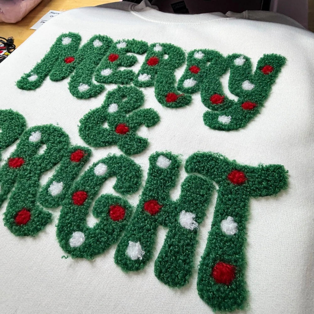 Merry & Bright Polka Dot Fluffy Appliqué Embroidered Sweatshirt — Christmas Style Design