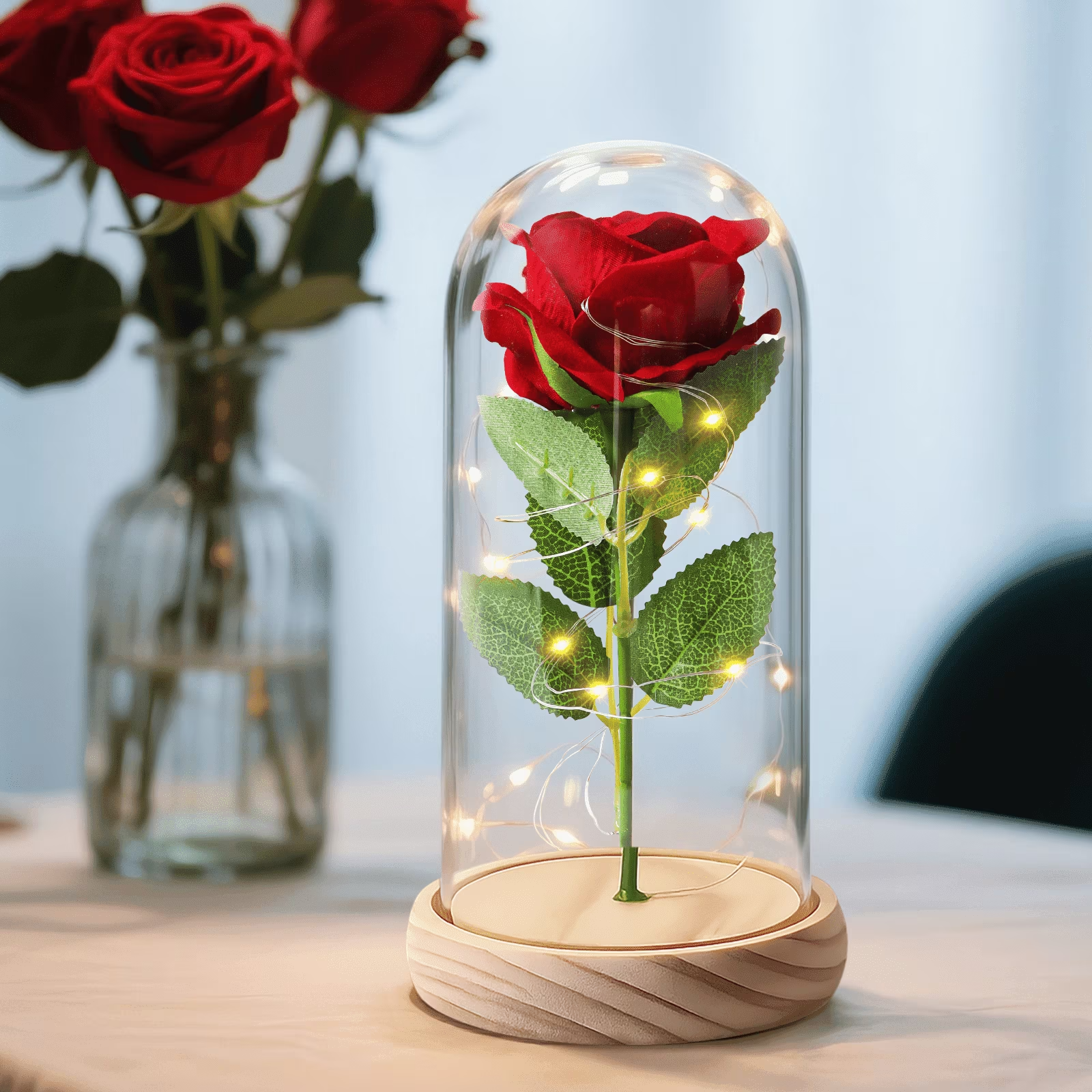 Eternal Red Rose in Glass Dome with LED Light – Lifelike Artificial Flower, Romantic Couple Gift for Valentine's Day & Anniversary