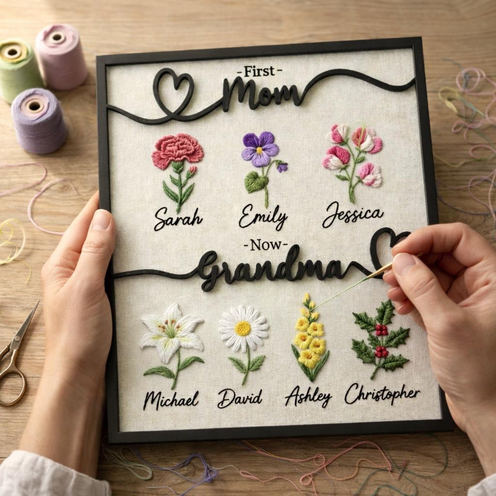 Custom Wooden Embroidered Flower Sign for Grandma, First Mom Now Grandma Personalized Gift