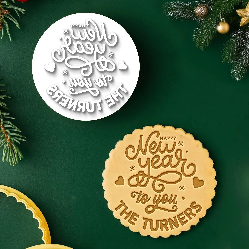 Merry Christmas Cookie Stamp with Family Name — Multiple Holiday Designs, Personalized Baking Gift