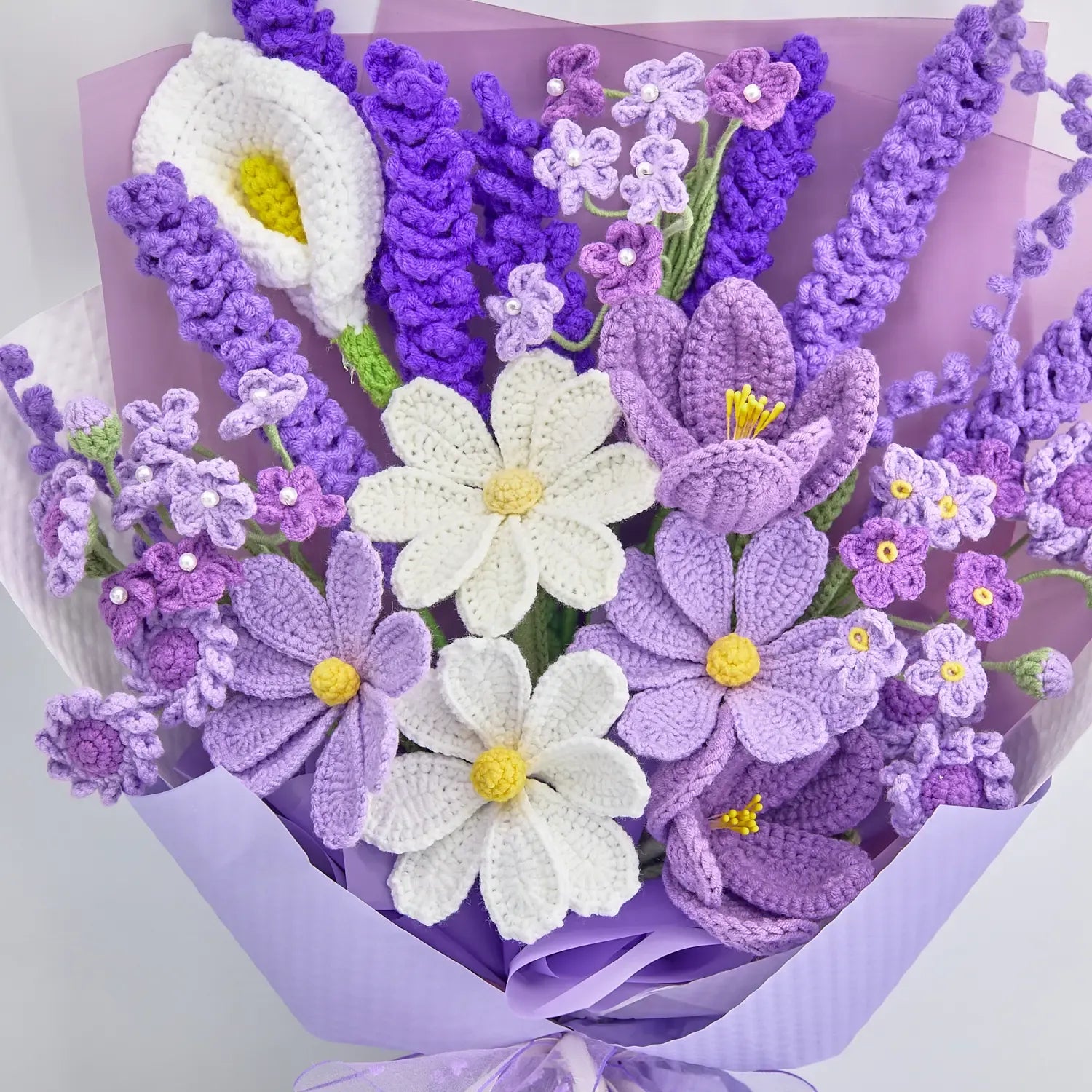 Lavender Dream Crochet Bouquet – Handmade Galsang & Lavender Flowers in a Premium Gift Box