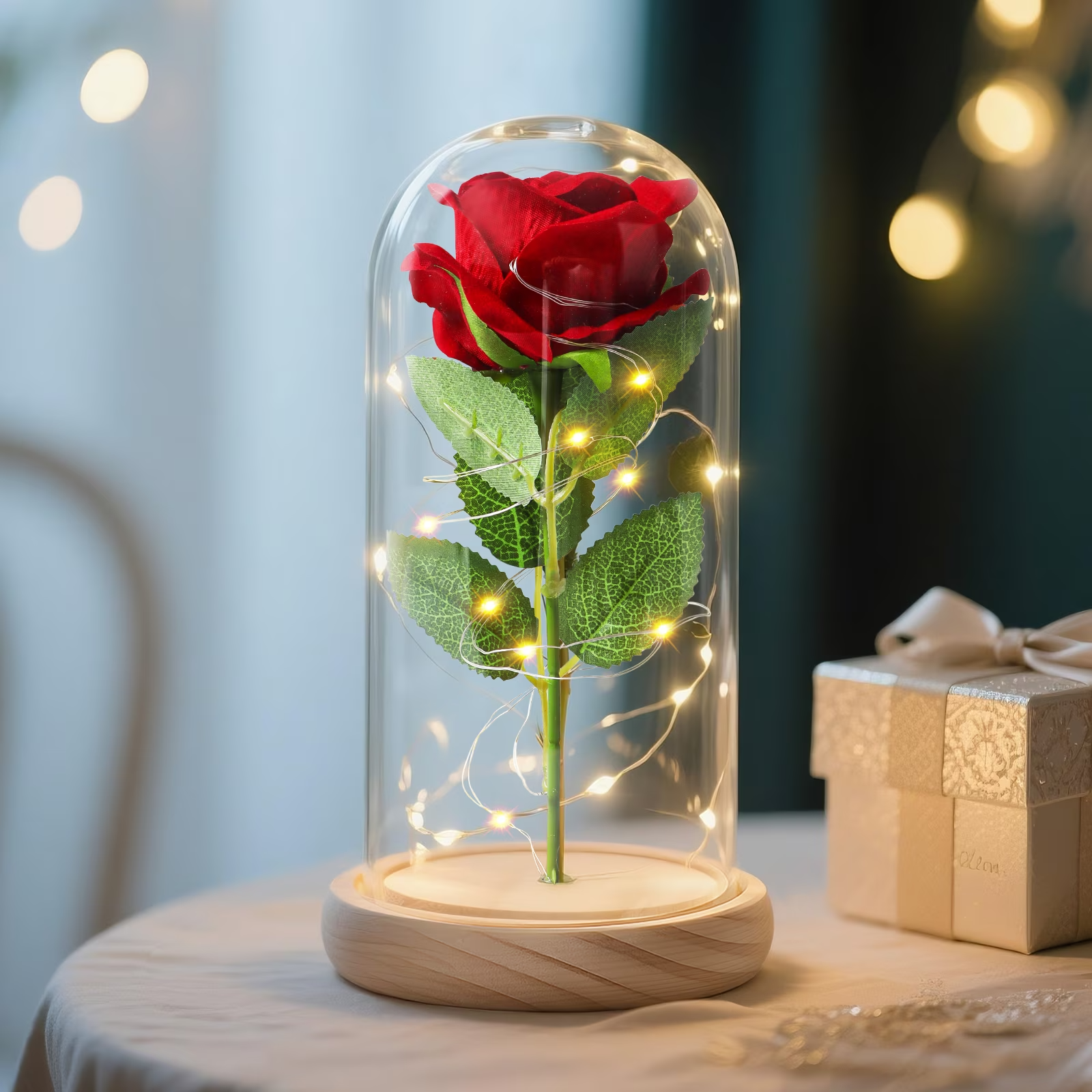 Eternal Red Rose in Glass Dome with LED Light – Lifelike Artificial Flower, Romantic Couple Gift for Valentine's Day & Anniversary