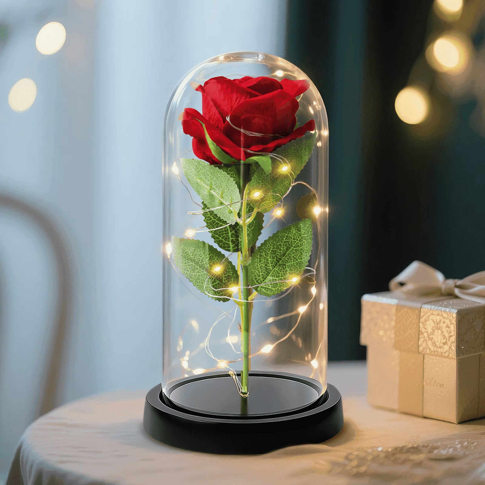 Eternal Red Rose in Glass Dome with LED Light – Lifelike Artificial Flower, Romantic Couple Gift for Valentine's Day & Anniversary
