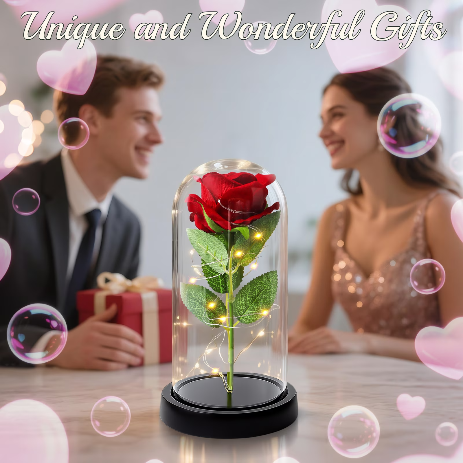 Eternal Red Rose in Glass Dome with LED Light – Lifelike Artificial Flower, Romantic Couple Gift for Valentine's Day & Anniversary