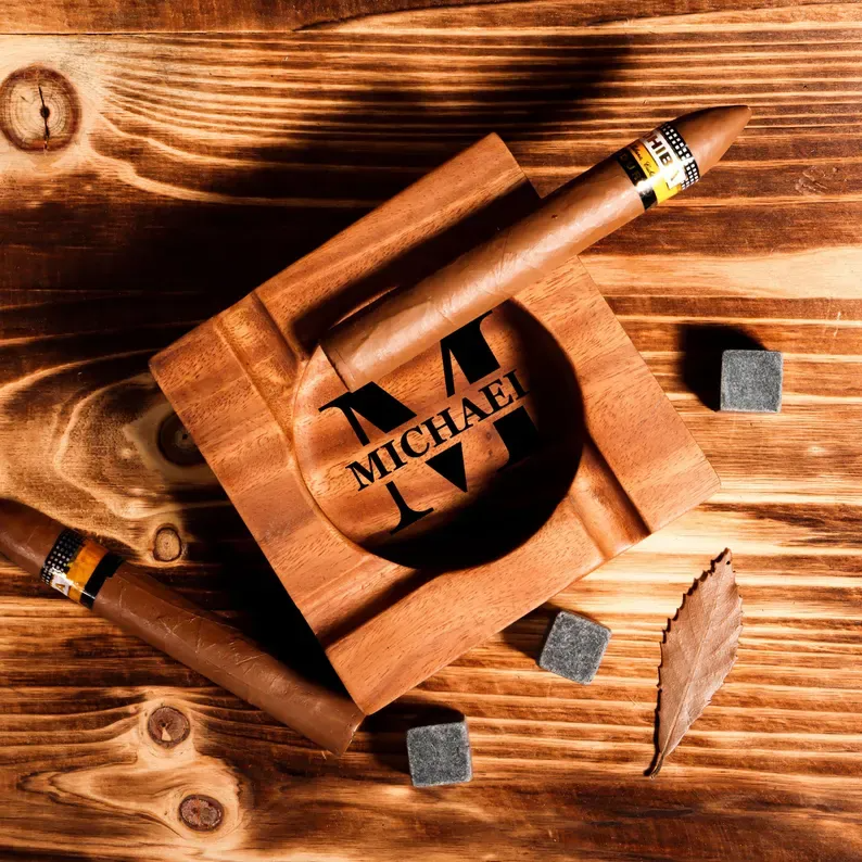 Personalized Engraved Walnut Cigar Ashtray & Holder - Custom Gift for Husband, Father, Men