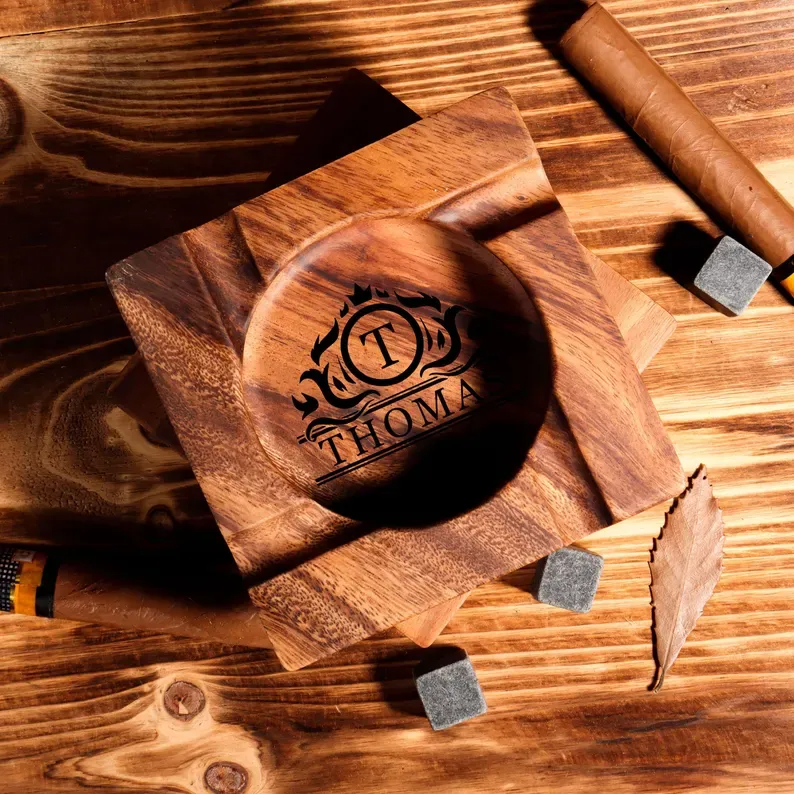 Personalized Engraved Walnut Cigar Ashtray & Holder - Custom Gift for Husband, Father, Men